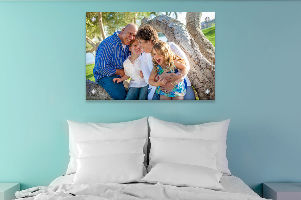 family portrait canvas on bedroom wall