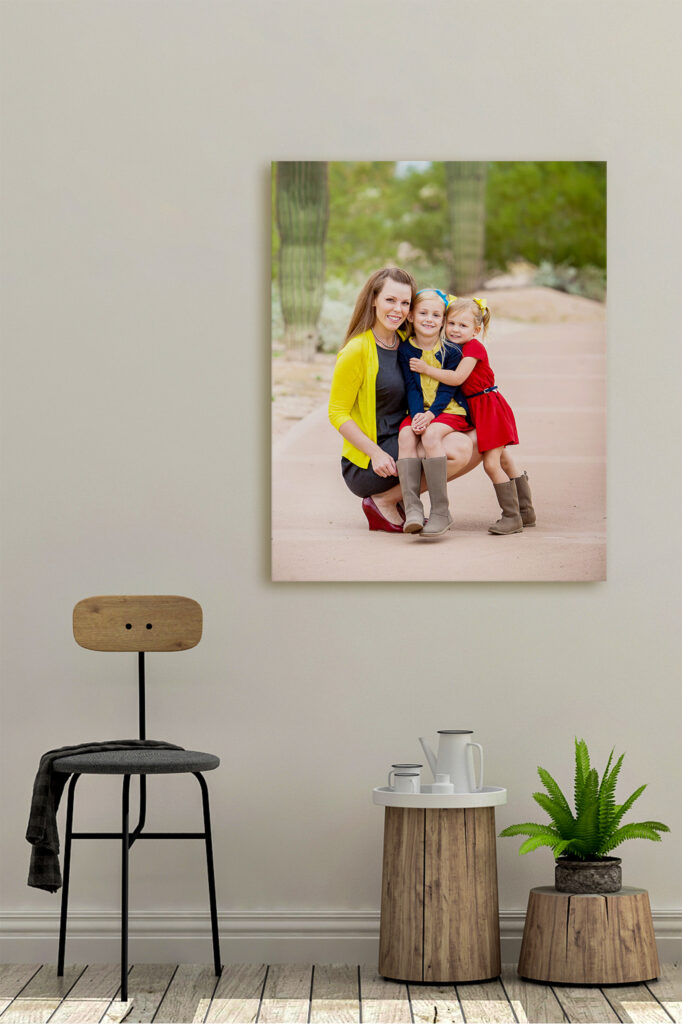 family portrait canvas on wall with stool
