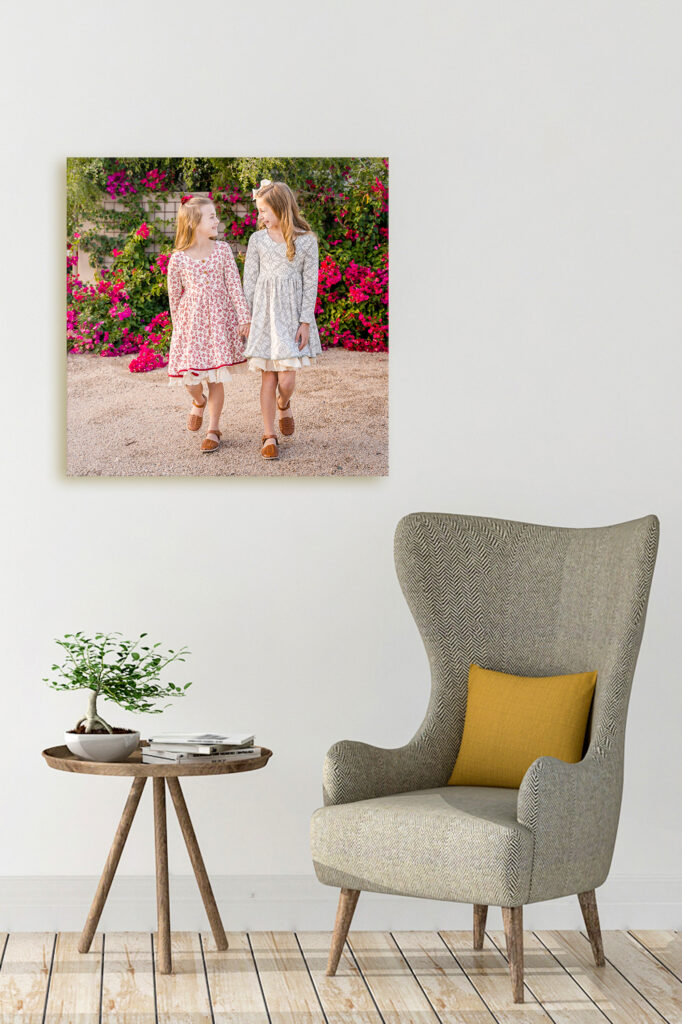 kids portrait canvas on wall with chair