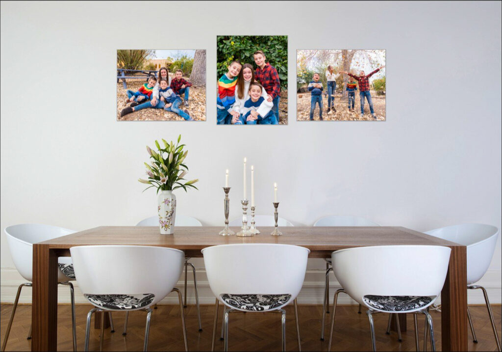 kids portraits on wall in dining room
