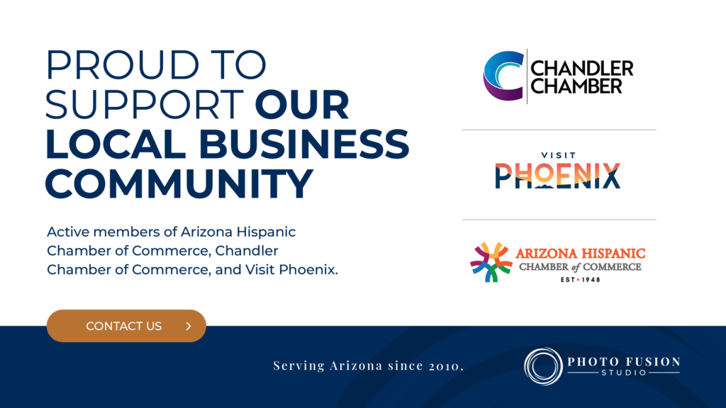 Photo Fusion Studio graphic highlighting support for the local business community, featuring logos of the Chandler Chamber of Commerce, Visit Phoenix, and the Arizona Hispanic Chamber of Commerce.