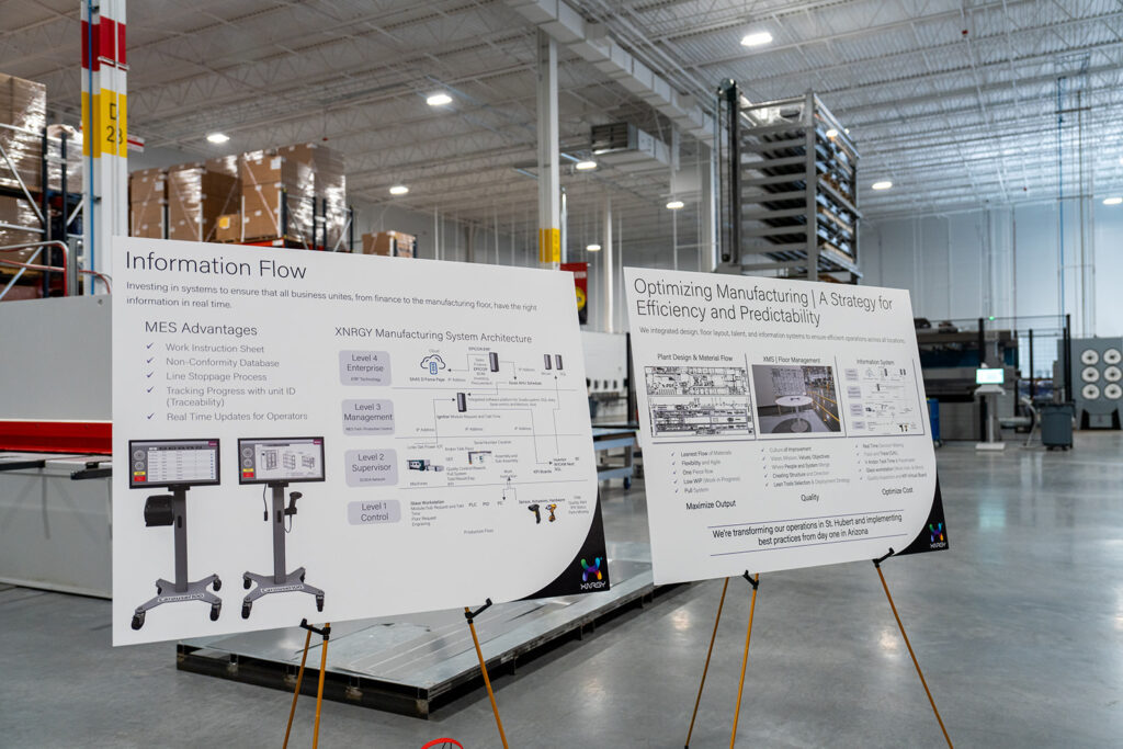 XNRGY information boards on the production floor explaining the company's Manufacturing System architecture and efficiency strategy at the Mesa Gateway open house.